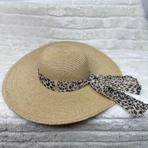 Lids Straw Sun Hat Womens OSFM Tan Excellent Leopard Print Scarf Wide Brim